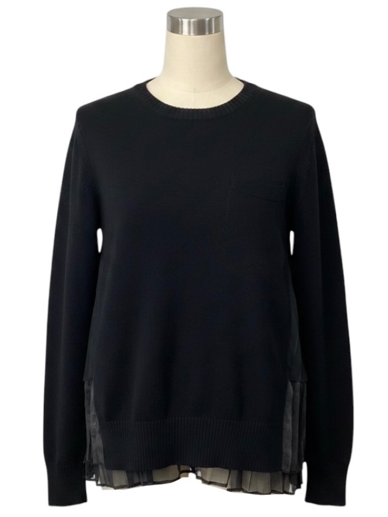 Sacai Black Wool Knit Pullover Sweater With Pleated Sheer Back